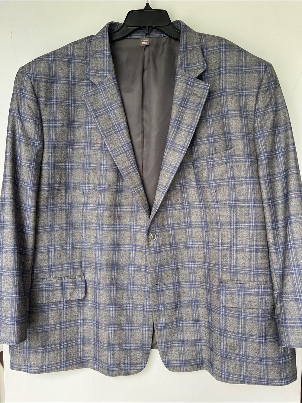 100% Wool Oak Hill Men's Gray Plaid Blazer with Blue Windowpane